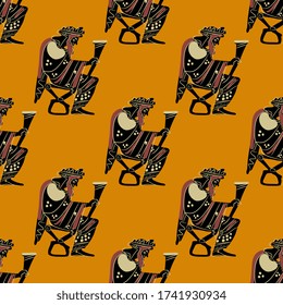 Seamless repeating pattern with silhouettes of ancient Greek god Dionysus holding rhyton of wine. Vase painting style.