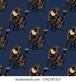 Seamless repeating pattern with silhouettes of ancient Greek god Dionysus holding rhyton of wine. Vase painting style.