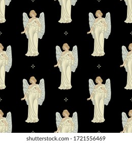 Seamless repeating pattern with silhouettes of beautiful vintage angels. Art Nouveau style.