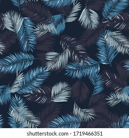 Seamless repeating pattern with silhouettes of palm tree leaves in blue background.