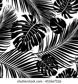Seamless repeating pattern with silhouettes of palm tree leaves in black on white background.