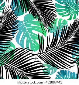 Seamless repeating pattern with silhouettes of palm tree leaves background.