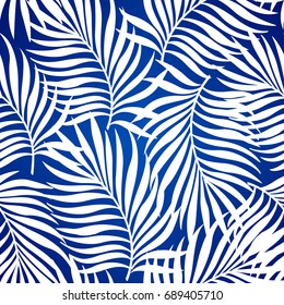 Seamless repeating pattern with silhouettes of palm tree leaves in blue background.