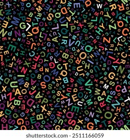Seamless repeating pattern with small alphabet letters isolated on a black background. Trendy back to school theme. Retro style. Abstract geometric vector illustration.