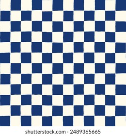 seamless repeating pattern with small hand drawn checkerboard in navy blue and cream. Coastal, Americana, universal dark blue checker, old money preppy quiet luxury background.