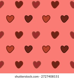 Ein sich nahtlos wiederholendes Muster aus kleinen Herzen in warmen Tönen auf weichrosa Hintergrund, die ein romantisches und verspieltes Design ideal für Valentinstag-Themen-Produkte.