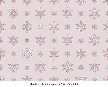 Seamless repeating pattern of snowflakes outlines of varying sizes and designs in dark red, on a light dusty red background.