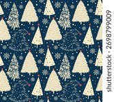 Seamless repeating pattern with snowy fir trees. Christmas night. New Year. Dark blue winter background for gift packaging