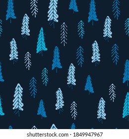 Seamless repeating pattern with snowy fir trees. Christmas, New Year Eve, winter concept. Dark blue background for for gift wrap, surface sign and other design projects