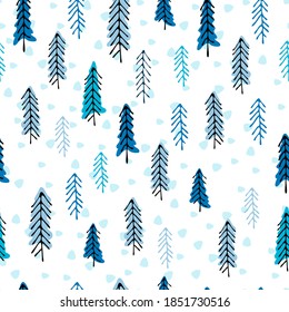 Seamless repeating pattern with snowy fir trees. Christmas, New Year, winter concept. Background for for gift wrap, surface sign and other design projects