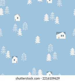 Seamless repeating pattern with snowy fir trees and home. Christmas, New Year, winter concept. Backound for for gift wrap, surface sign and other design projects