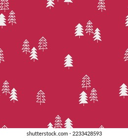 Seamless repeating pattern with snowy fir trees in Color of The Year, Viva Magenta. Christmas, New Year Eve, winter concept. Red background for wrapping paper, surface design and other design projects