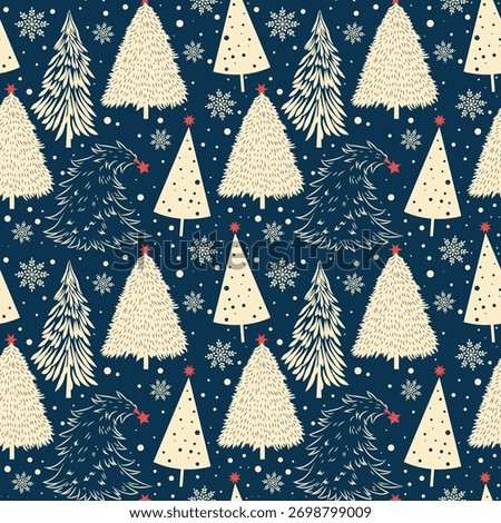 Seamless repeating pattern with snowy fir trees. Christmas night. New Year. Dark blue winter background for gift packaging