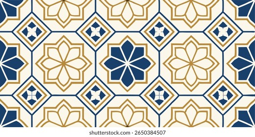 A seamless repeating pattern with a sophisticated aesthetic, showcasing stylized eight-petal flowers and diamond inlays. The design uses a classic color palette of navy blue, gold, and cream.