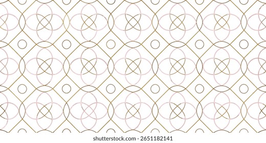Um padrão de repetição uniforme com um design geométrico sofisticado. Linhas de interseção formam formas de diamante, envolvendo delicados círculos interligados em ouro e um sutil rosa rubor.