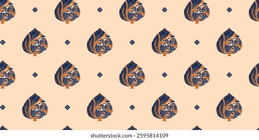 A seamless repeating pattern of spade-shaped motifs in navy and gold on a light peach background, interspersed with small navy diamond shapes, for textile, wallpaper, gift wrapping, print