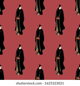 Seamless repeating pattern with standing Japanese man in kimono.