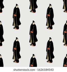 Seamless repeating pattern with standing Japanese man in kimono.