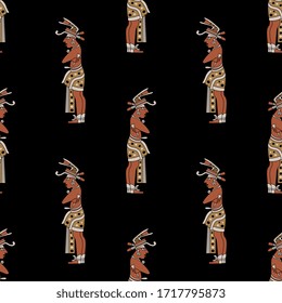 Seamless repeating pattern with standing Mayan priests. Ancient Native American art.