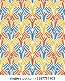 Seamless repeating pattern with striped intertwined geometric elements. Stripes in yellow, red, white, and blue. Abstract background. Ethnic design in retro style. Vector illustration.
