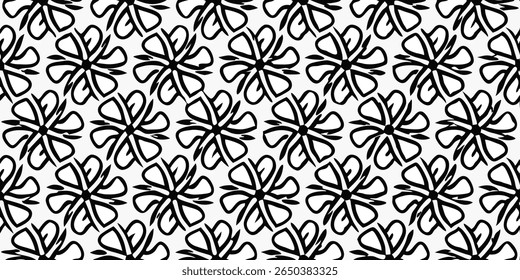 A seamless, repeating pattern of stylized black floral motifs with swirling petals and sharp leaf-like accents against a clean white backdrop.