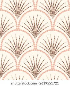 Seamless repeating pattern of stylized fan shapes in shades of brown and pink on a light beige background resembling a mosaic in art deco design.
