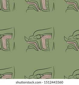 Seamless repeating pattern with stylized feline heads. Ancient Mexican Olmec motif.