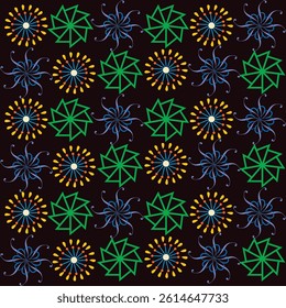 A seamless repeating pattern of stylized flowers and geometric shapes in vibrant colors (green, yellow, orange, blue, purple) against a deep black background.