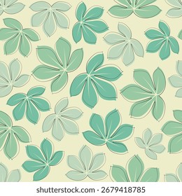 A seamless repeating pattern of stylized green and teal leaves with a hand-drawn aesthetic on a pale yellow background.