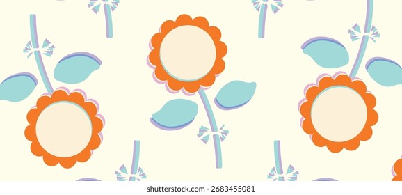 A seamless repeating pattern of stylized orange flowers with beige circular centers, each perched atop a green stem with two blue-green leaves and a bow-like accent at the base