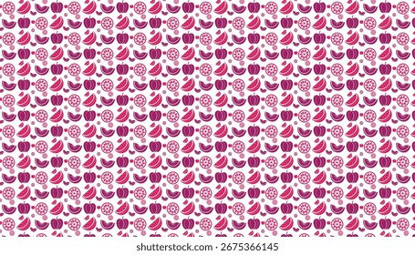A seamless repeating pattern of stylized pink and red fruit slices and apples on a white background.