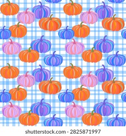 Seamless repeating pattern with stylized pumpkins in orange, pink and blue tones arranged over a light blue plaid background. Colorful hand-drawn vector illustration suitable for seasonal textiles, fabric prints, wrapping paper, scrapbook, wallpaper, autumn decor, and Halloween designs.