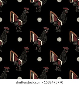 Seamless repeating pattern with stylized roosters. Ancient Greek vase painting motif.
