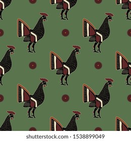 Seamless repeating pattern with stylized roosters. Ancient Greek vase painting motif.