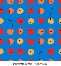 Seamless repeating pattern. Stylized rows of cherries with stems. Painted colorful illustration on vibrant blue background for surface design and other design projects