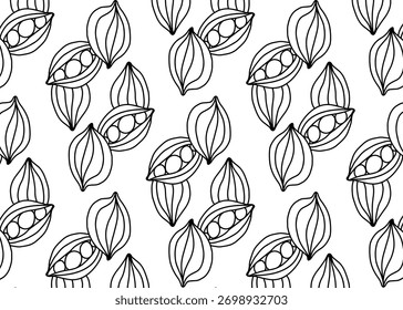 Seamless repeating pattern of stylized seed pods and seeds in a simple black and white line drawing.