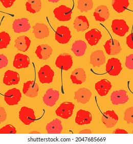 Seamless repeating pattern. Stylized stone fruit like cherries with stems. Painted colorful illustration on vibrant yellow background for surface design and other design projects