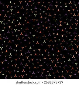 Seamless repeating pattern of stylized three-pointed propeller-like shapes in orange, red-orange, purple-pink, and pale green on a solid black background