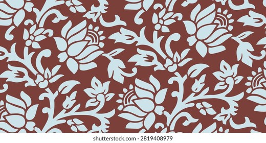 A seamless, repeating pattern of stylized white flowers and leaves against a rich, dark red backdrop.