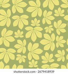 Un patrón repetitivo sin fisuras de hojas de castaño estilizadas de color amarillo-verde esparcidas sobre un fondo verde oliva apagado.