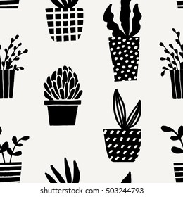 Seamless repeating pattern with succulent plant pots in black on cream background. Cute and modern Scandinavian style illustration, perfect for greeting cards, wall art, wrapping paper, etc.