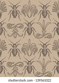 Seamless repeating Pattern swatch of elegant arabesque swirls scroll work with creepy crawly cockroaches- totally unique approach to a background!