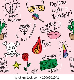 Seamless repeating pattern texture background with skull unicorn cactus drawings / Design for textile graphics, fabric prints, wallpapers etc