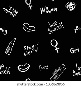 Seamless repeating pattern texture background with girl power concept drawings / Design for textile graphics, fabric prints, wallpapers etc