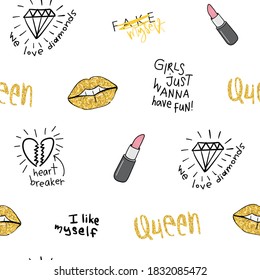 Seamless repeating pattern texture background design with elements like lips, lipsticks, diamonds and slogan texts, for textile graphics, fashion fabrics, wallpapers etc