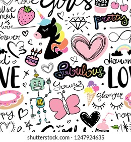 Seamless repeating pattern texture design with cute drawing elements / Unicorn, hearts, letterings / Vector illustration design for textile graphics, fashion fabrics, prints, wallpapers etc