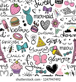 Seamless repeating pattern texture design with cute drawing elements / Vector illustration design for textile graphics, fashion fabrics, prints, wallpapers etc