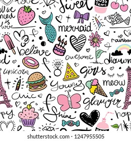 Seamless repeating pattern texture design with cute drawing elements / Food, hearts, candy / Vector illustration design for textile graphics, fashion fabrics, prints, wallpapers etc