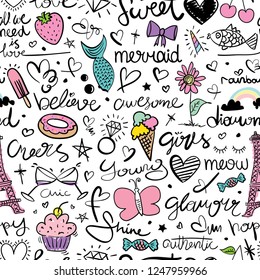 Seamless repeating pattern texture design with cute drawing elements / Hearts, candy, butterfly, rainbow / Vector illustration design for textile graphics, fashion fabrics, prints, wallpapers etc