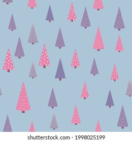 Seamless repeating pattern with textured Christmas trees in violet, pastel pink colors on gray, blue, turquoise. Modern and original holiday textiles, gift wrapping, wall decoration.